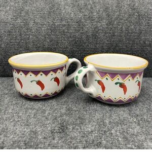 Hand Painted Ceramic Chili Pepper Mugs Set 2 Southwestern Soup Cups Purple Red